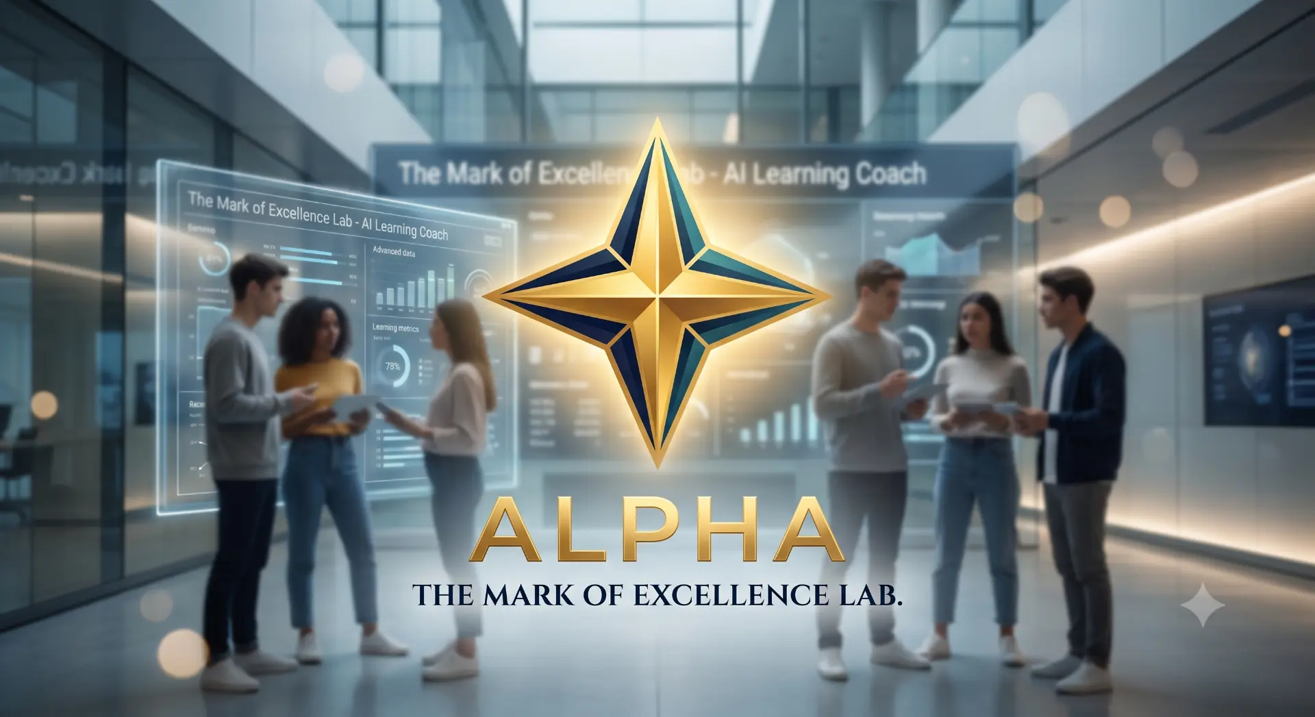Alpha as a refined gold star emblem with older students in a modern campus space