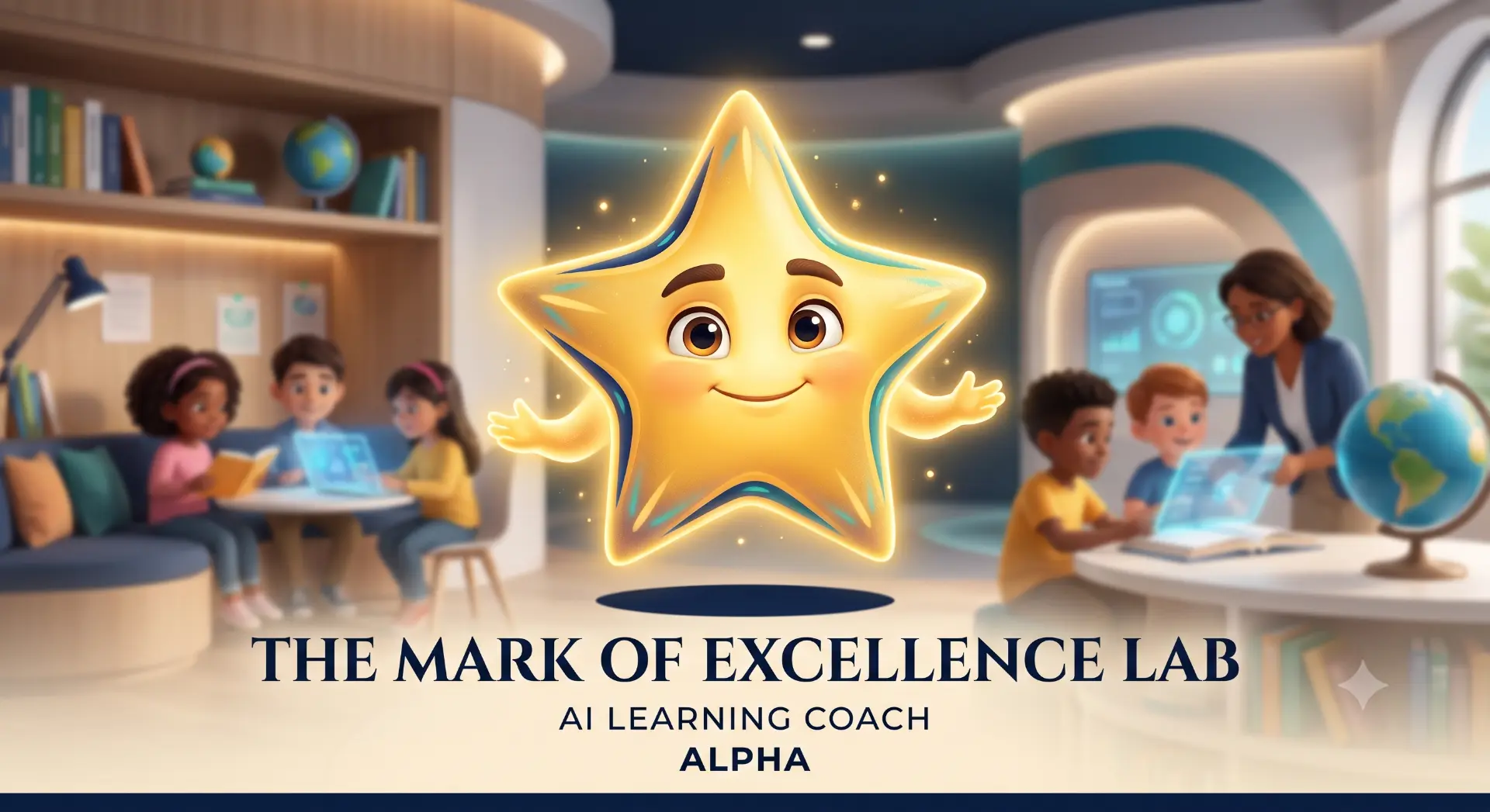 Alpha as a glowing gold star companion in an early learning classroom